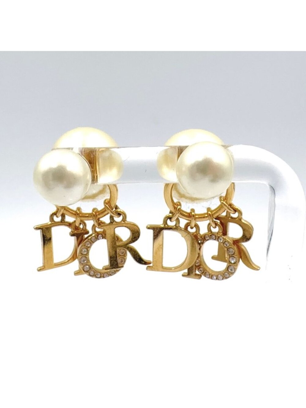 Dior Tribal Charm Rhinestone Faux Pearl Off White Gold Earrings